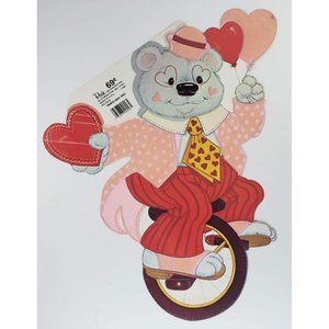 Vintage Peck Valentine's Day Die Cut Bear Unicycle Decoration Flocked 1987